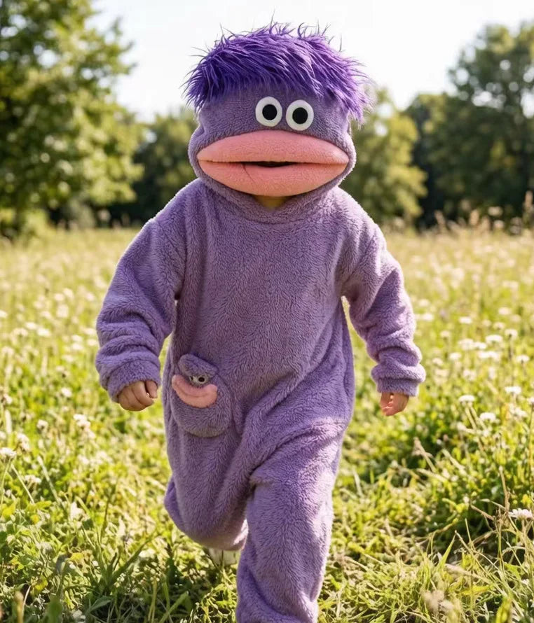 purple Color Kids Monster Fleece Jumpsuit Pajamas With Hooded Design
