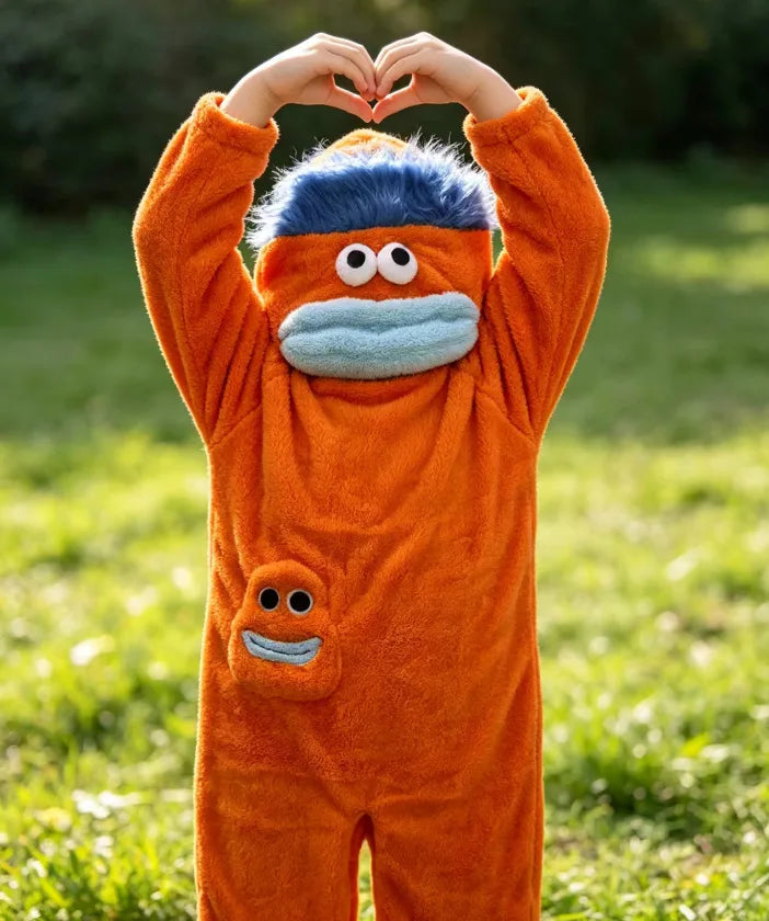 Kids Monster Fleece Jumpsuit Pajamas With Hooded Design