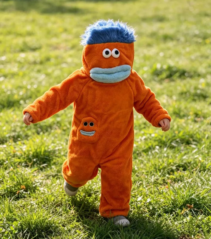 orange Color Kids Monster Fleece Jumpsuit Pajamas With Hooded Design