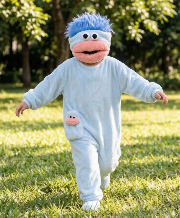 blue Color Kids Monster Fleece Jumpsuit Pajamas With Hooded Design